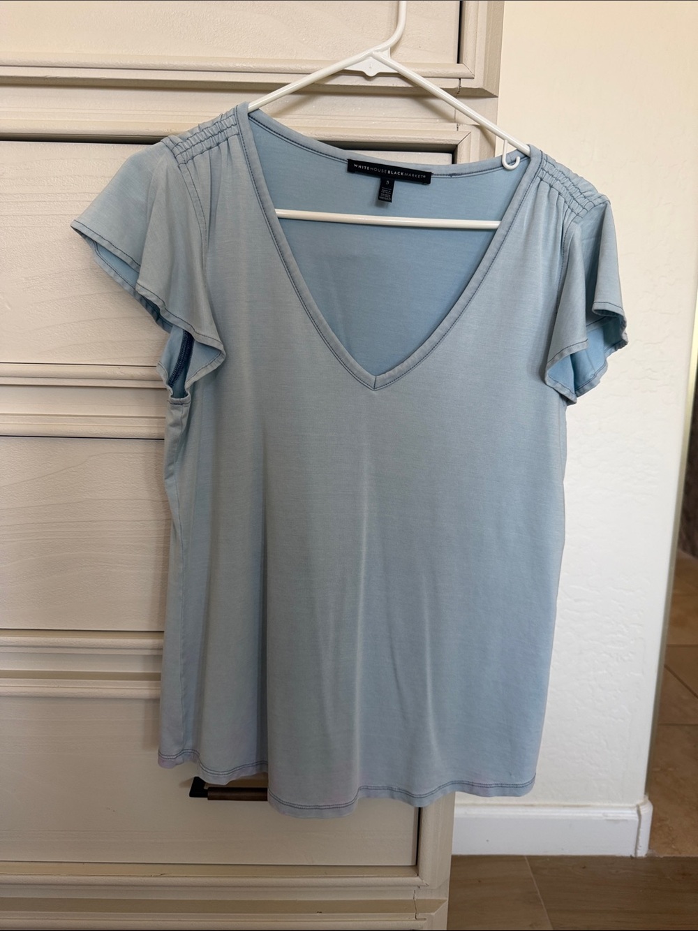 White House Black Market Pale Blue V-Neck Flutter Sleeve Tee